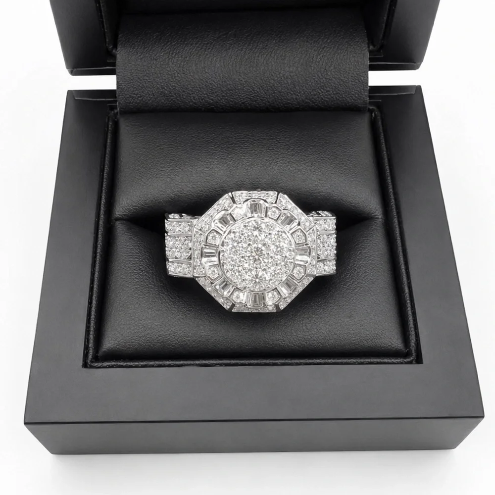 925 Sterling Silver 3.00CT Iced Out MOISSANITE Halo Chunky Men’s Ring Size 10